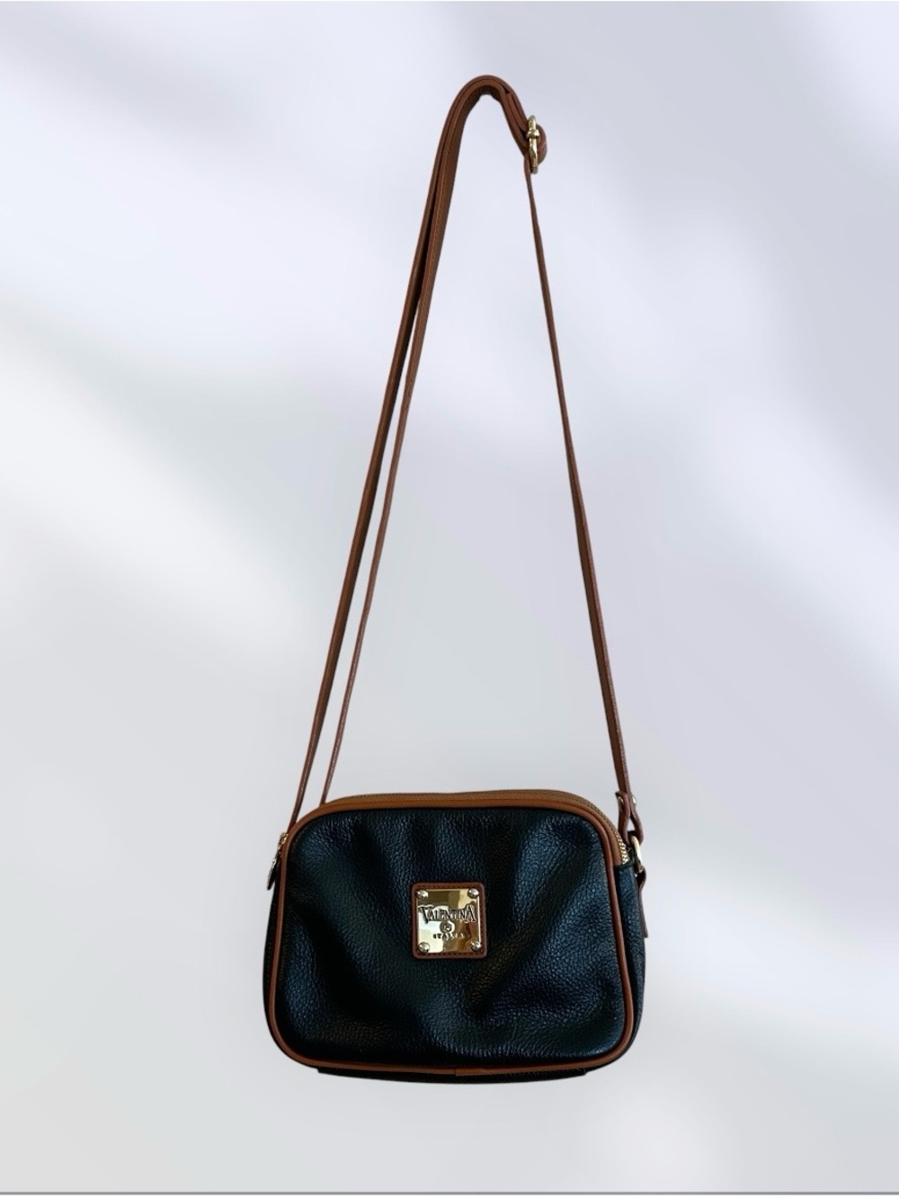 💐Valentina Classic Black Leather Crossbody Bag with Brown Trim